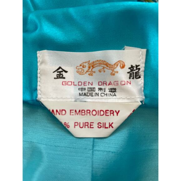 Vintage Golden Dragon Medium Hand Embroidered 100% Silk Chinese Kimono Robe Blue - Picture 4 of 13